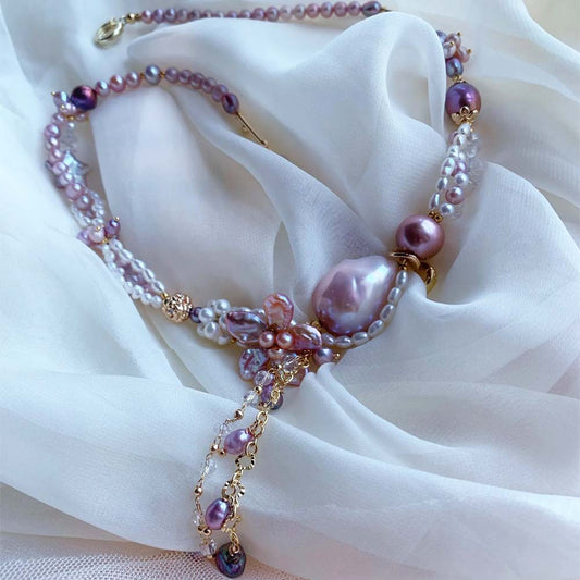 Violet Bloom Freshwater Baroque Pearl Flower Drop Necklace