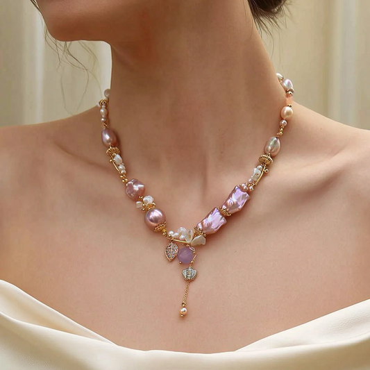 How to Choose a Baroque Pearl Necklace featuring freshwater baroque pearls in an elegant editorial setting